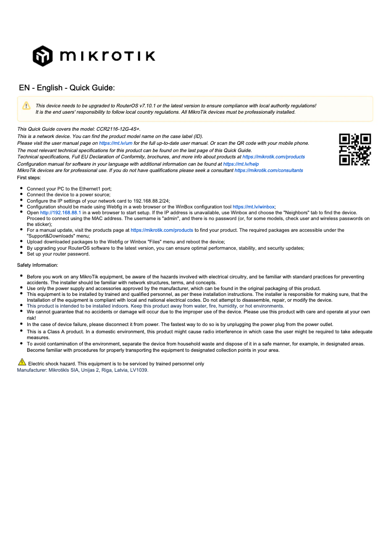 Page 1 of the manual User Manual Mikrotik CCR2116-12G-4S+