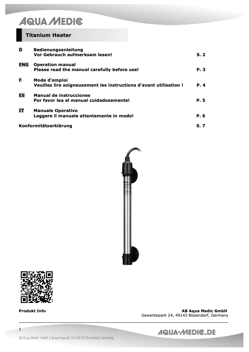 Page 1 of the manual User Manual Aqua Medic Titanium Heater