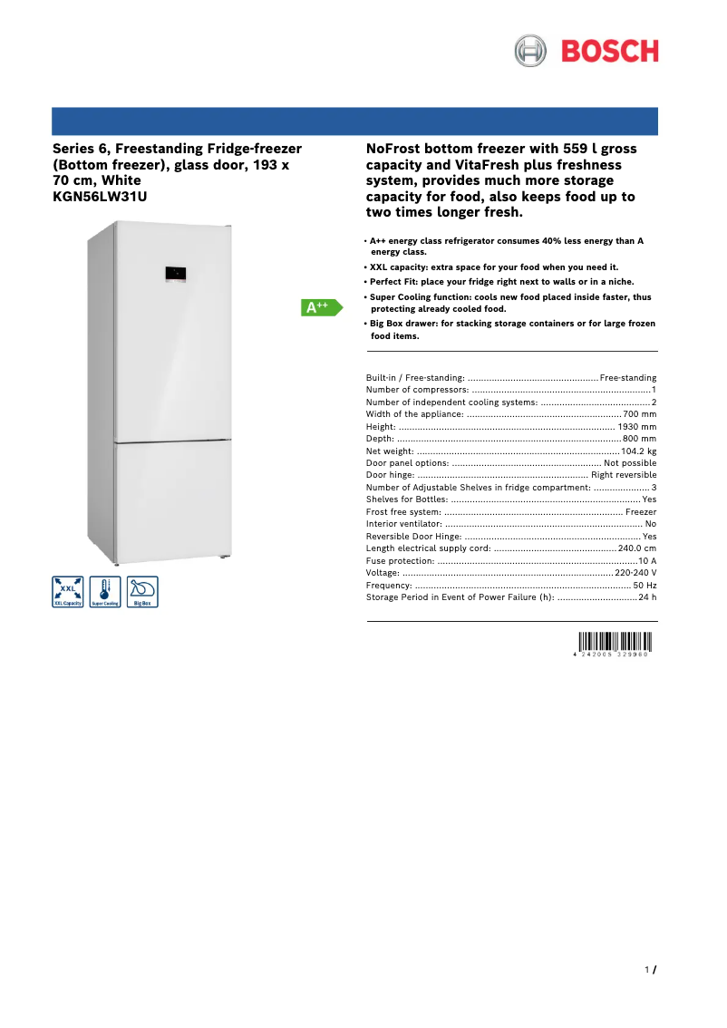 Page 1 of the manual Technical Sheet Bosch KGN56LW31U