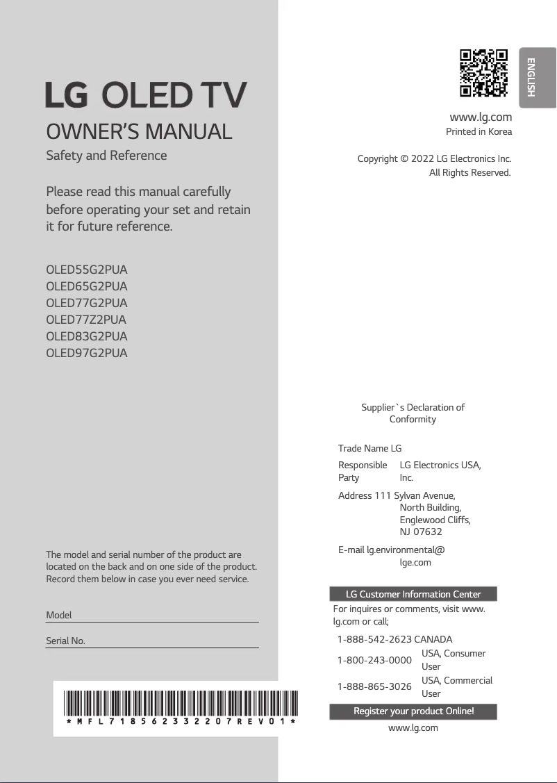 First page image of the manual for OLED83G2PUA