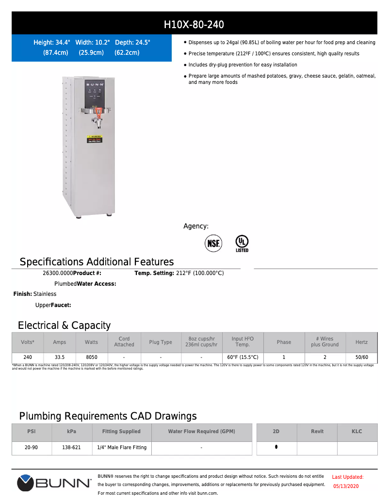 Page 1 de la notice Fiche technique Bunn Precision Water H10X-80-240