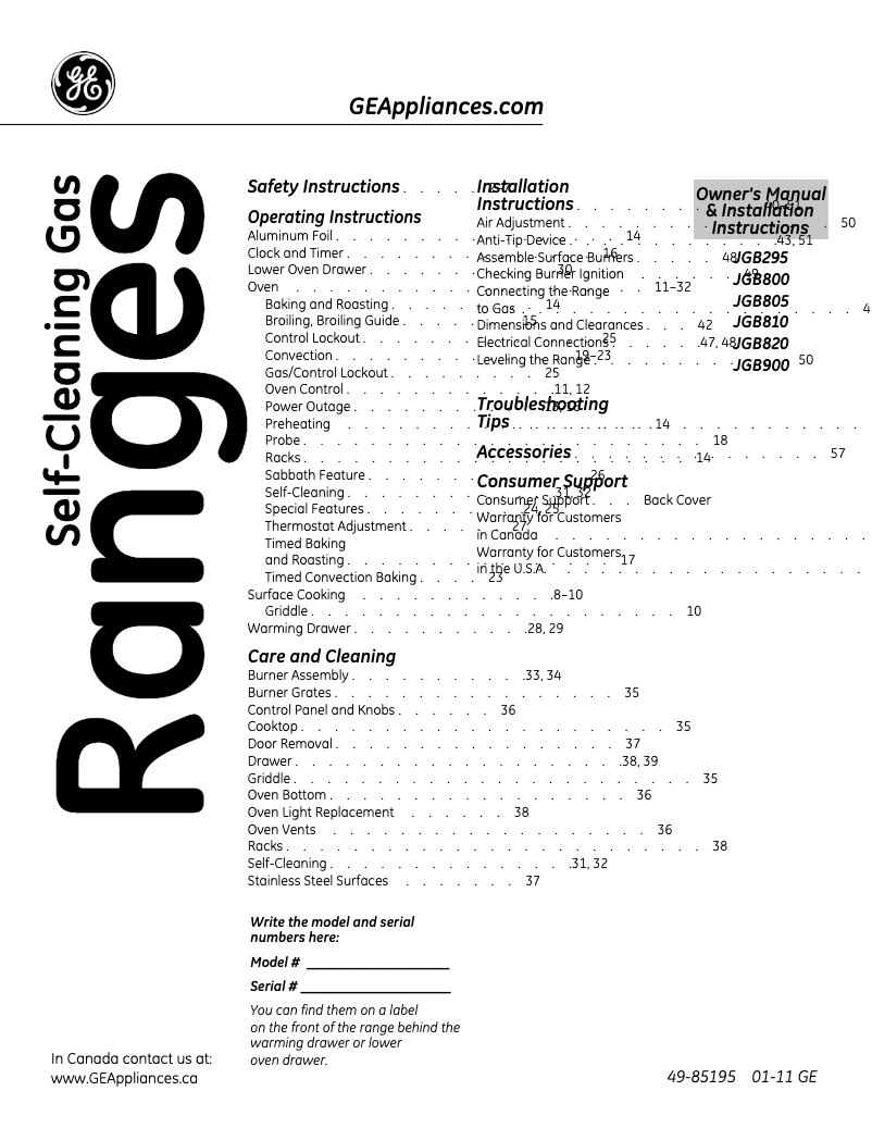 First page image of the manual for Profile JGB900SEFSS