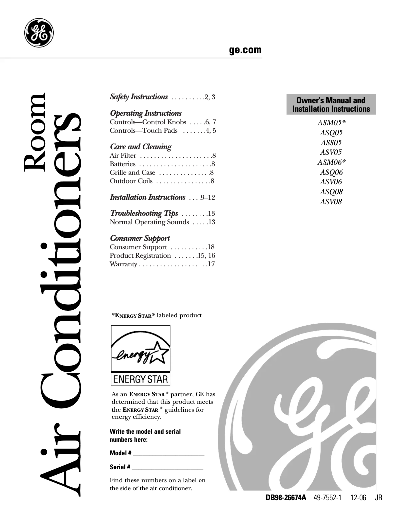 First page image of the manual for ASQ06LK