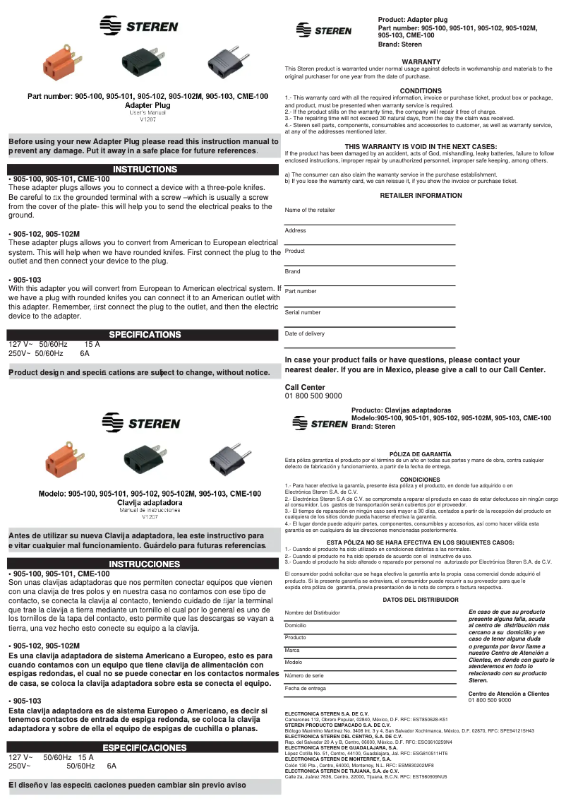Page 1 of the manual User Manual Steren 905-102