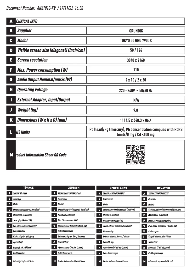 Page 1 of the manual Technical Sheet Arçelik TOKYO 50 GHU 7900 C