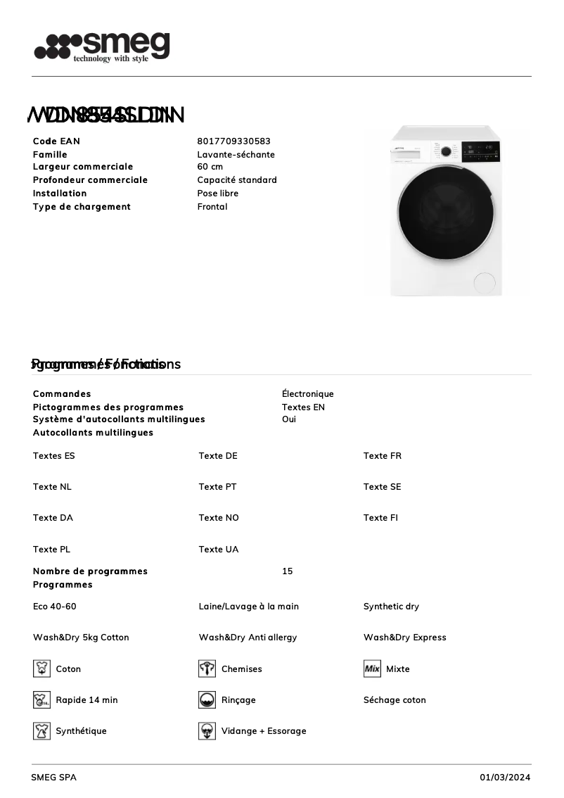 Page 1 of the manual Technical Sheet Smeg WDN854SLDIN