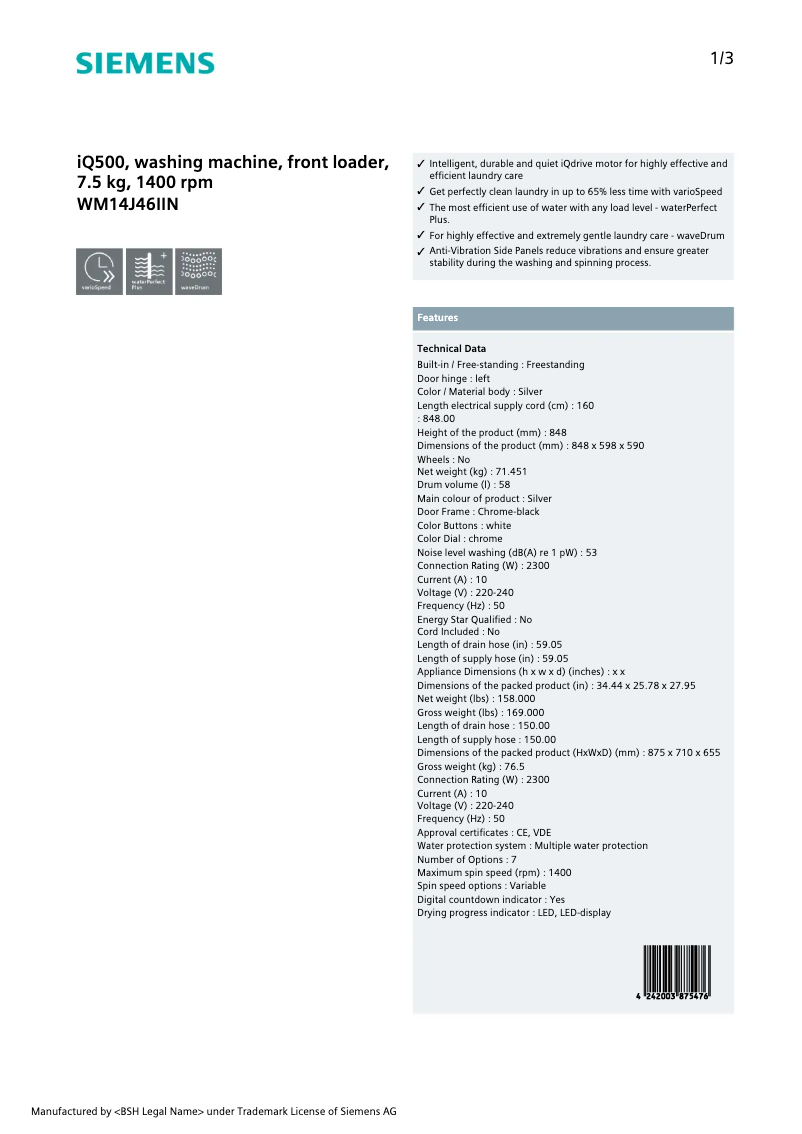 Page 1 of the manual Technical Sheet Siemens WM14J46IIN