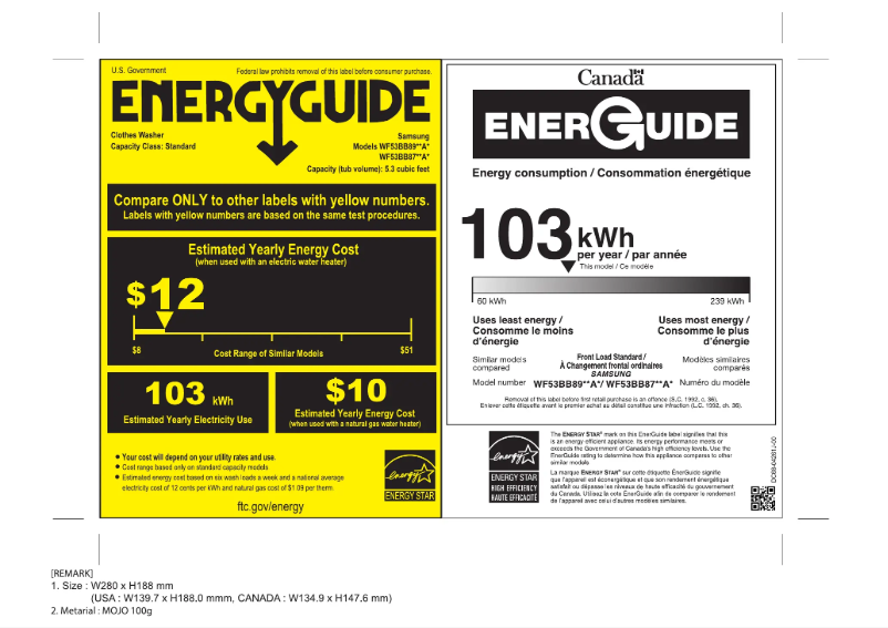 Page 1 of the manual Energy Label Samsung WF53BB8700AV