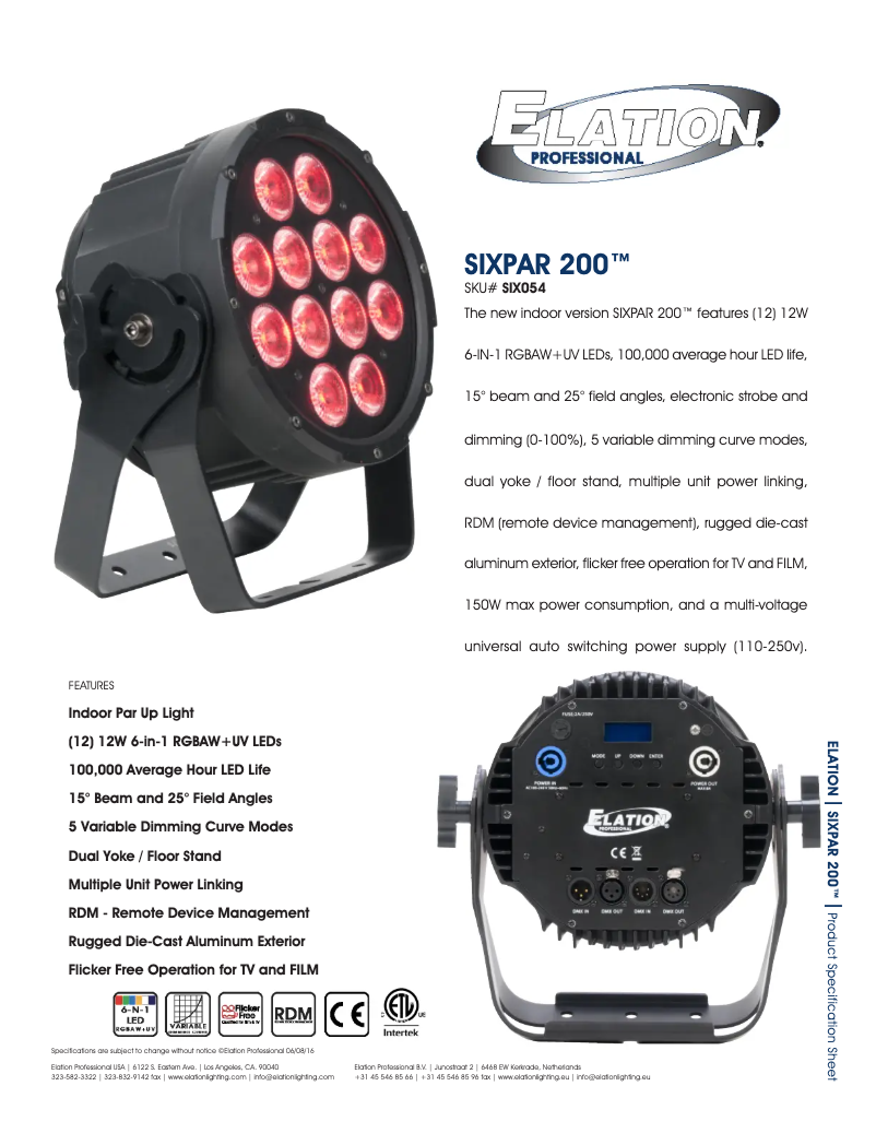 Page 1 of the manual Technical Sheet Elation Sixpar 200
