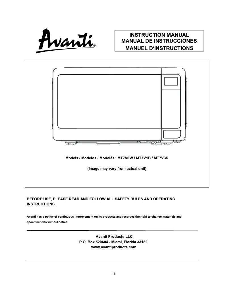 Page 1 of the manual User Manual Avanti MT7V1B