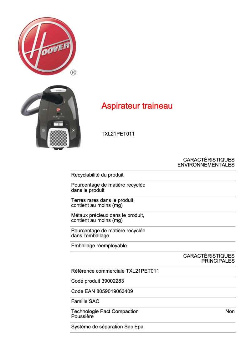 Page 1 of the manual Technical Sheet Hoover Telios Extra Lite TXL21PET011