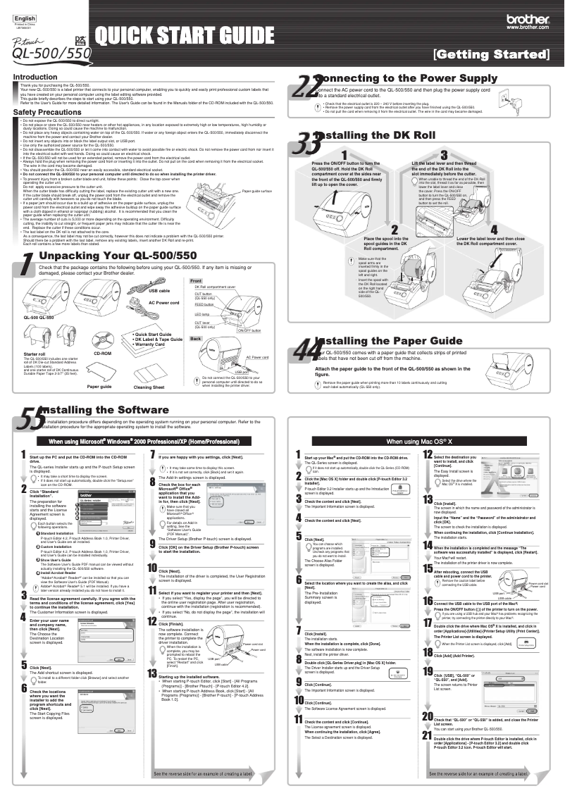 Page 1 of the manual Quick Start Guide Brother QL-500