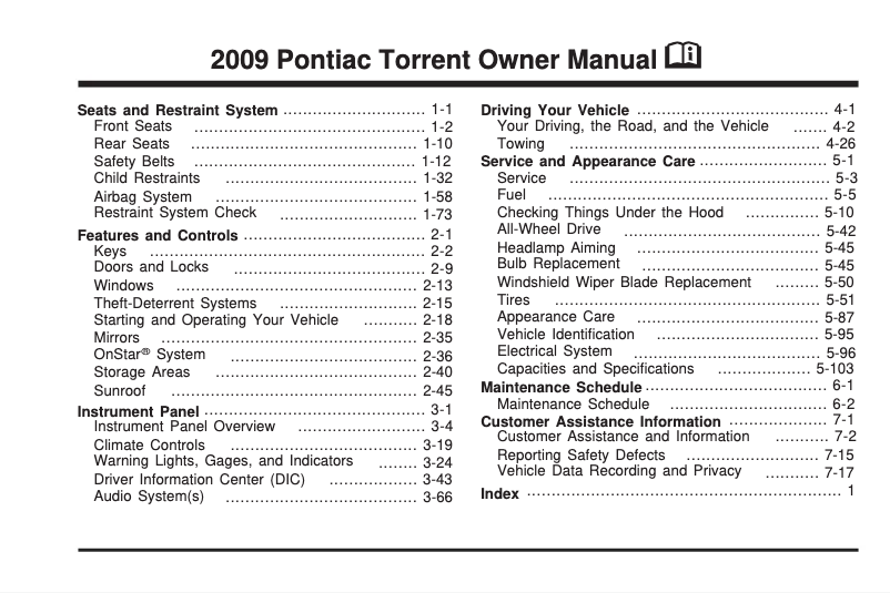 Page 1 of the manual User Manual Pontiac Vibe (2009)