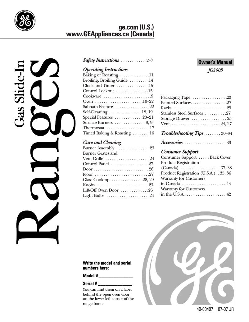 First page image of the manual for JGS905BEKBB