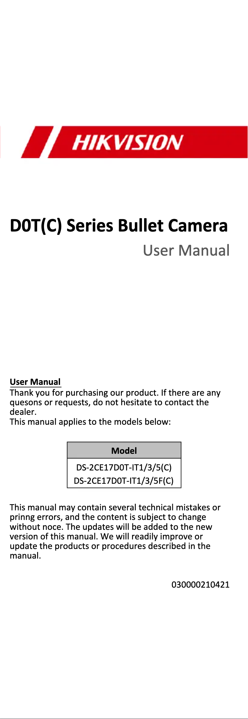 First page image of the manual for DS-2CE17D0T-IT5F