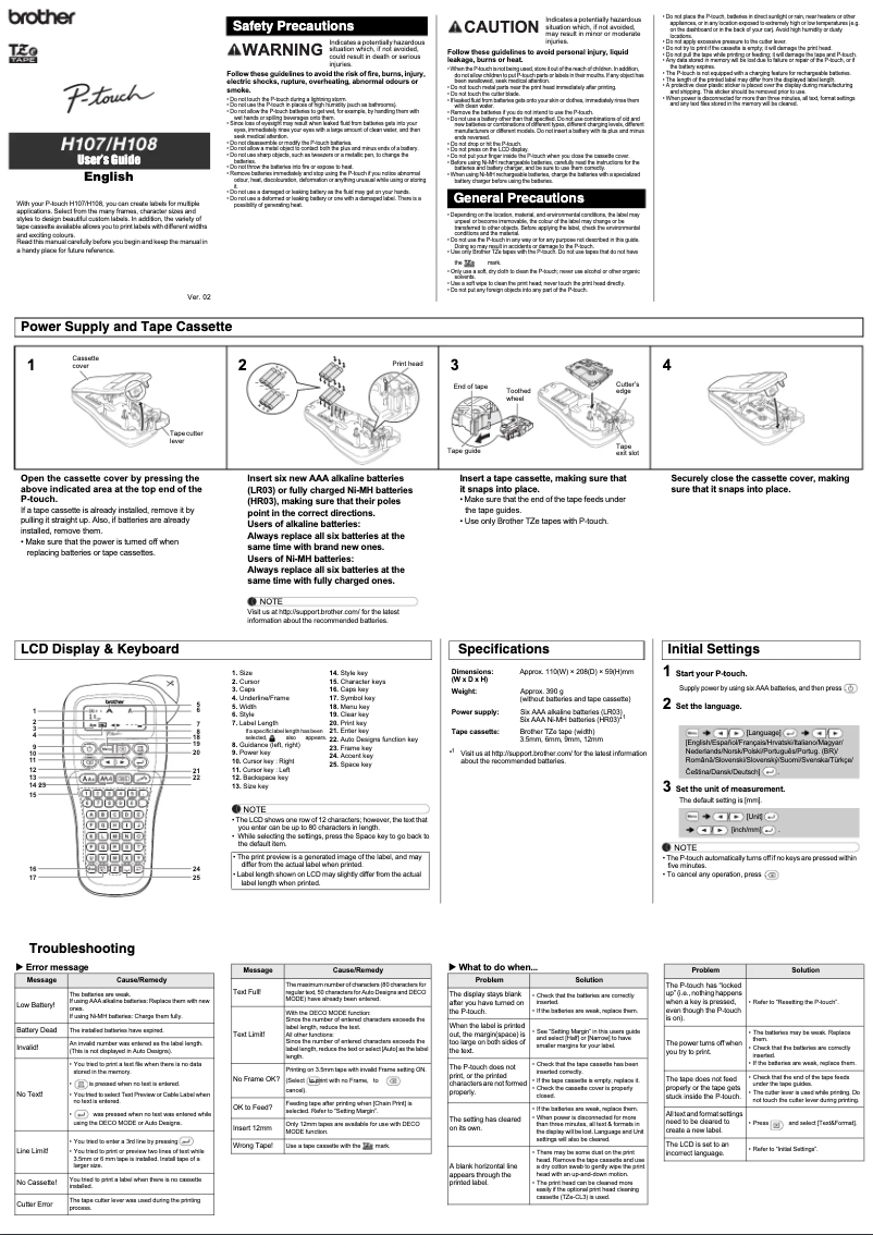 Page 1 of the manual User Manual Brother P-Touch PT-H107B