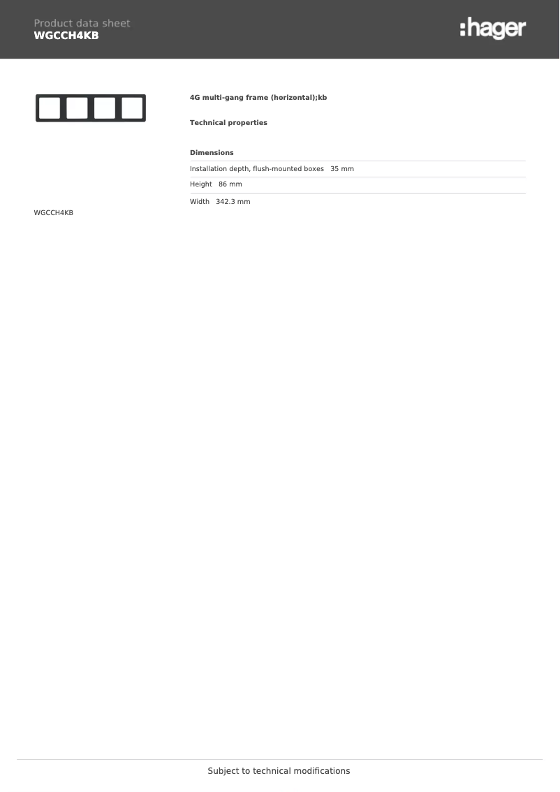 Page 1 of the manual Technical Sheet Hager WGCCH4KB
