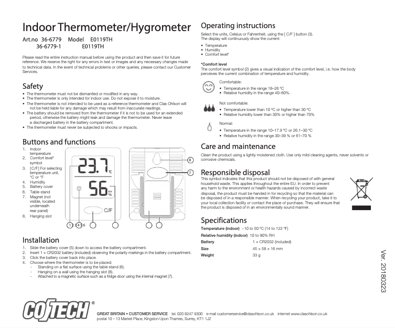 Page 1 of the manual User Manual Cotech E0119TH