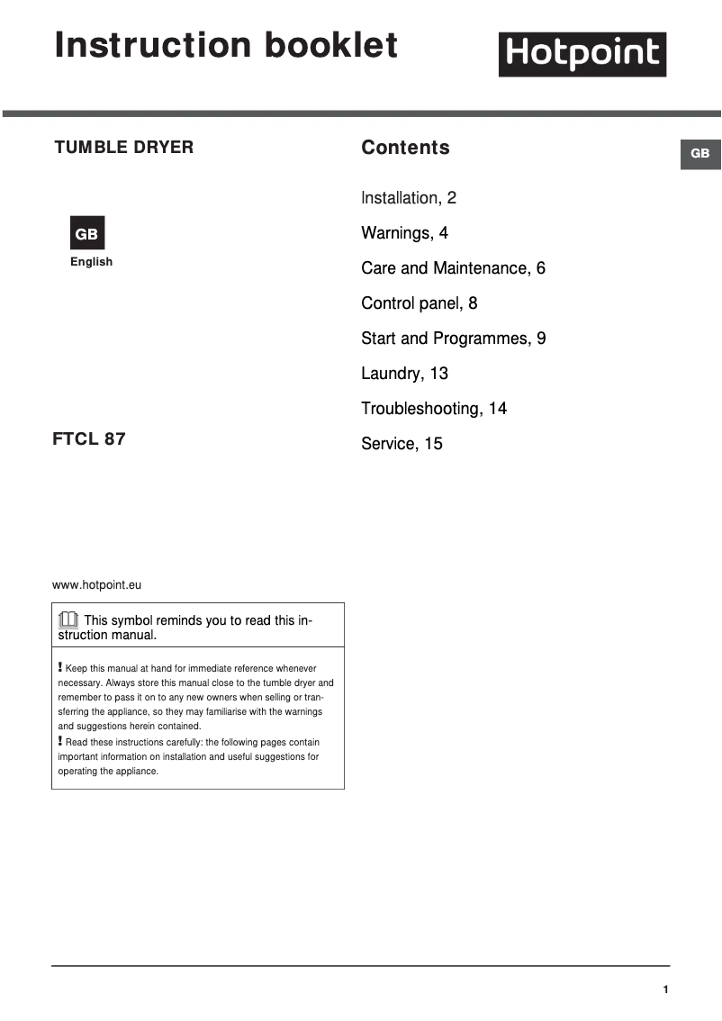 Page 1 of the manual User Manual Hotpoint FTCL 871 GP (UK)