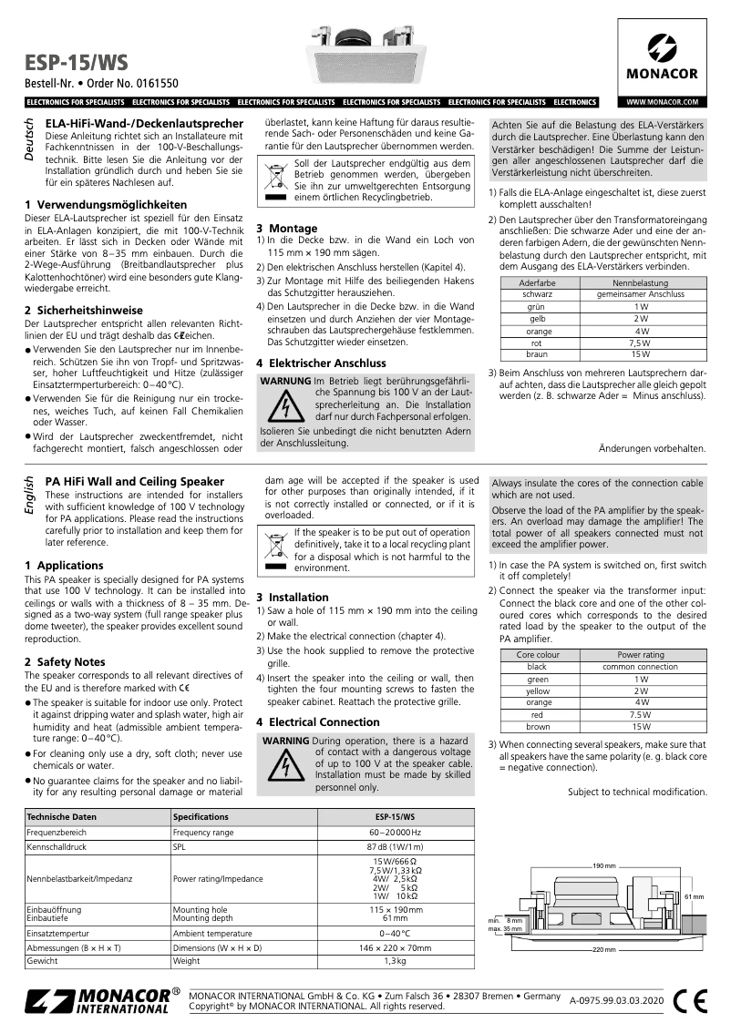 Page 1 of the manual User Manual Monacor ESP-15/WS