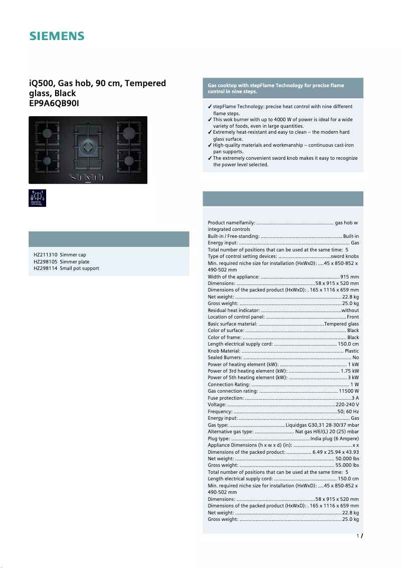Page 1 of the manual Technical Sheet Siemens EP9A6QB90I