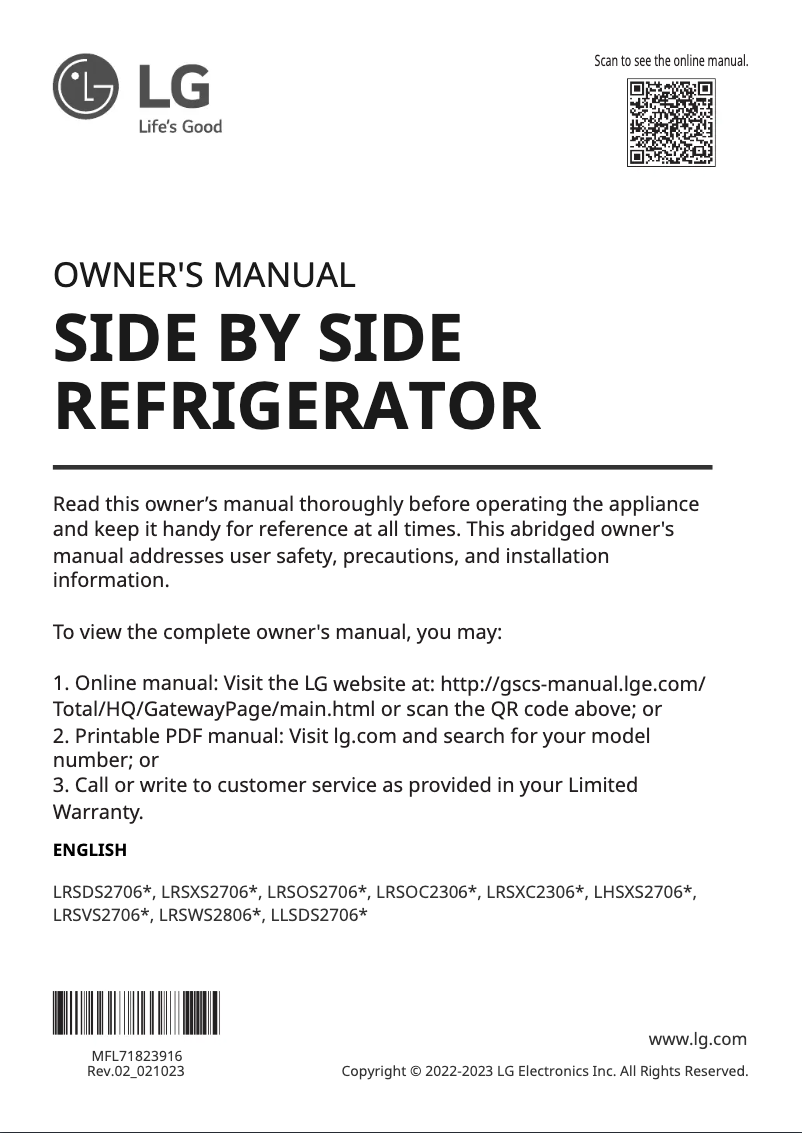 First page image of the manual for LRSVS2706S