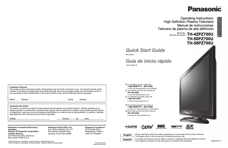 Page 1 of the manual User Manual Panasonic Viera TH-50PZ700
