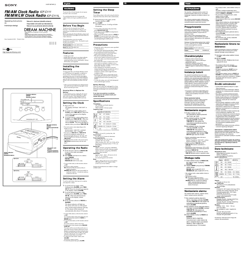 First page image of the manual for ICF-C111L