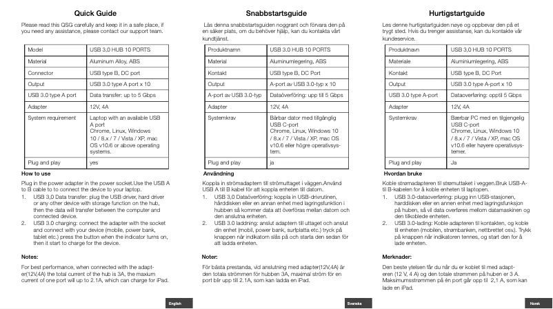 First page image of the manual for 10 Ports USB 3.0