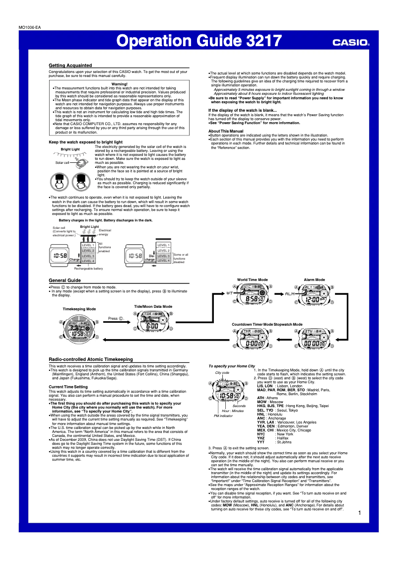 First page image of the manual for G-Shock GW-9100-1ER
