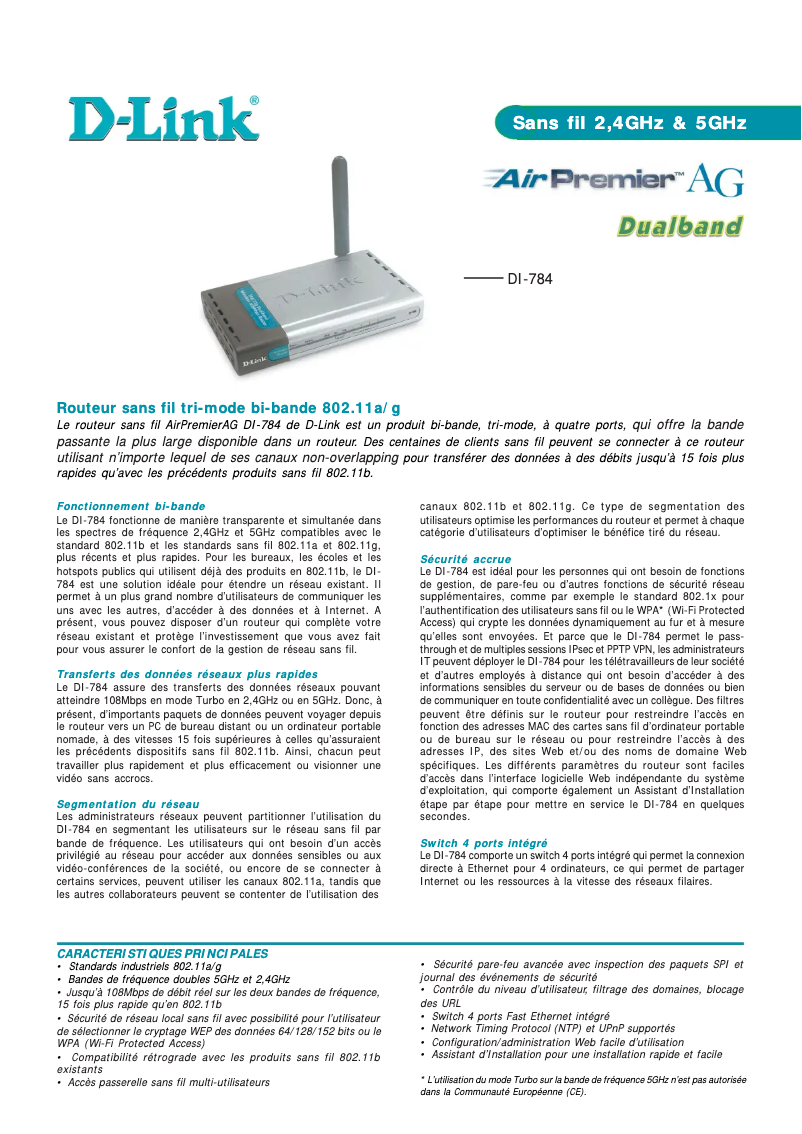 Page 1 of the manual Technical Sheet D-Link Air Premier AG DI-784