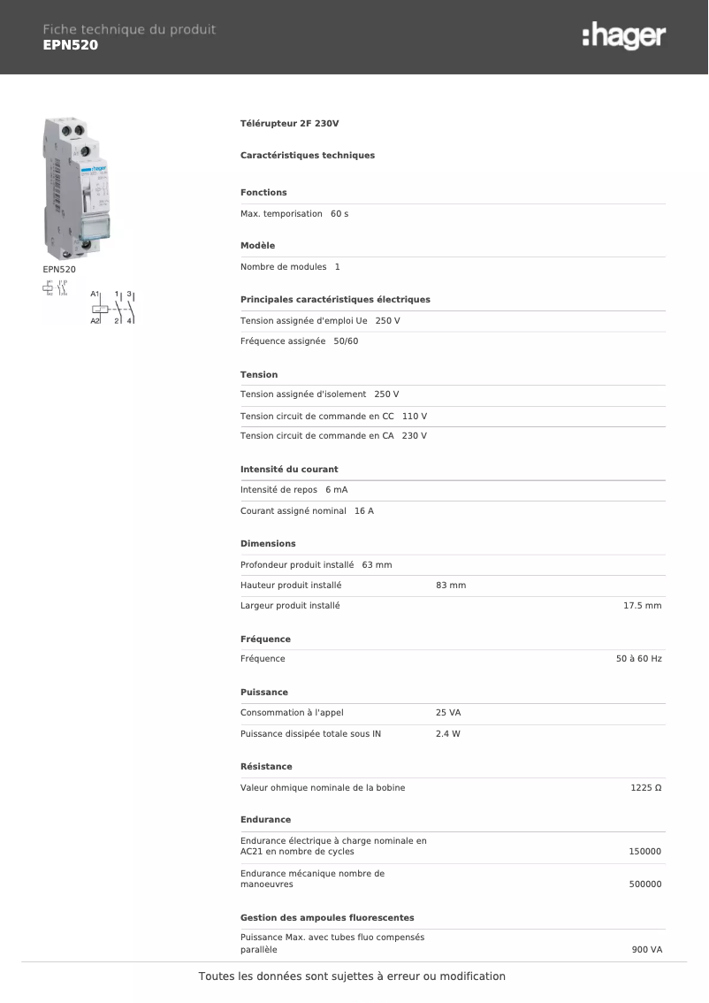 Page 1 of the manual Technical Sheet Hager EPN520