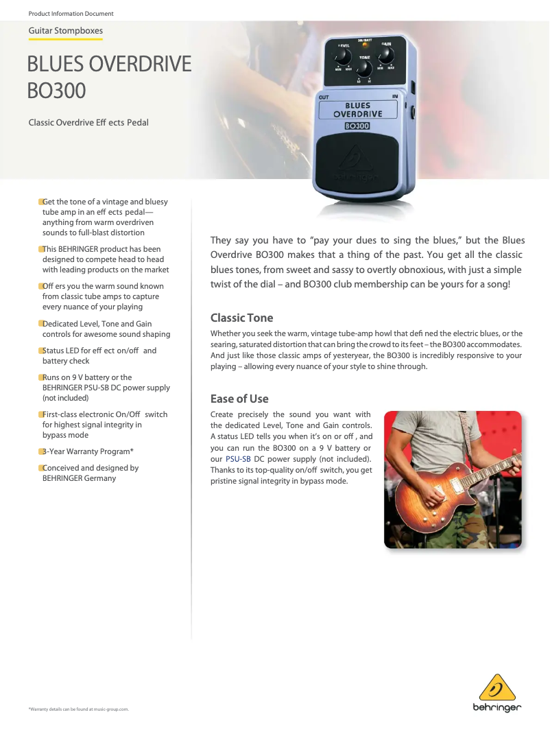 Page 1 of the manual Technical Sheet Behringer Blues Overdrive BO300