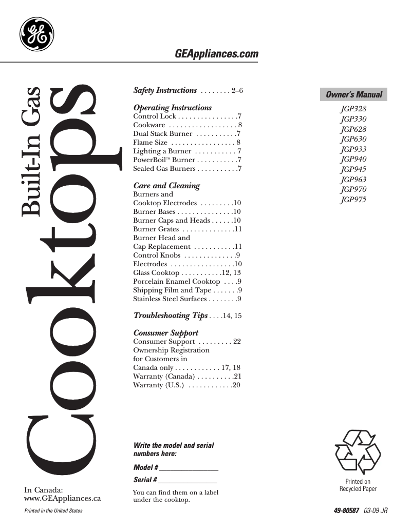 Page 1 of the manual Use and Maintenance Manual GE JGP328CECCC
