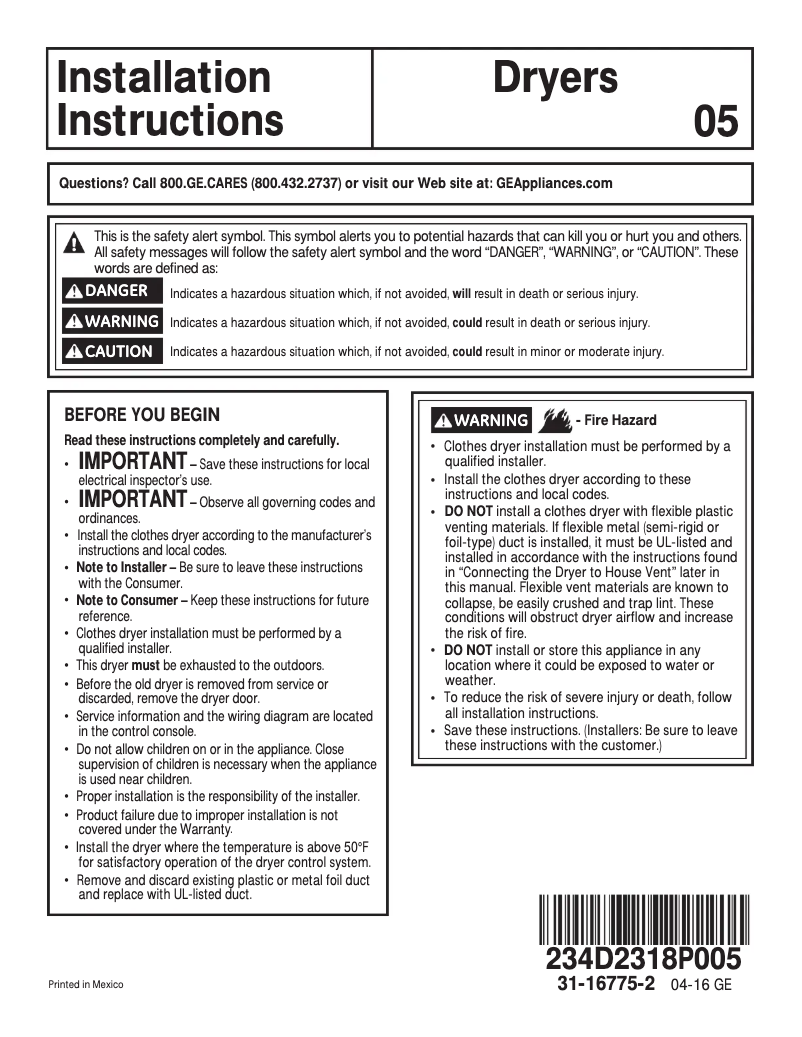 Page 1 of the manual Installation Guide GE HTX24EASKWS