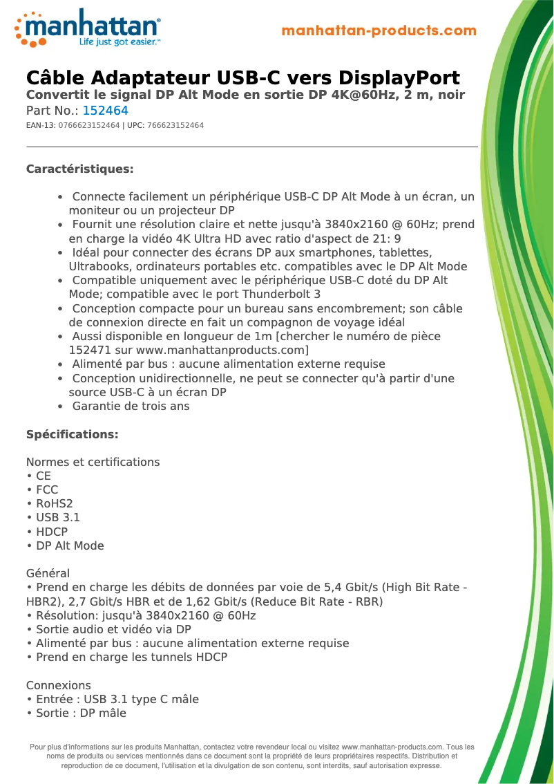 Page 1 de la notice Fiche technique Manhattan 152464
