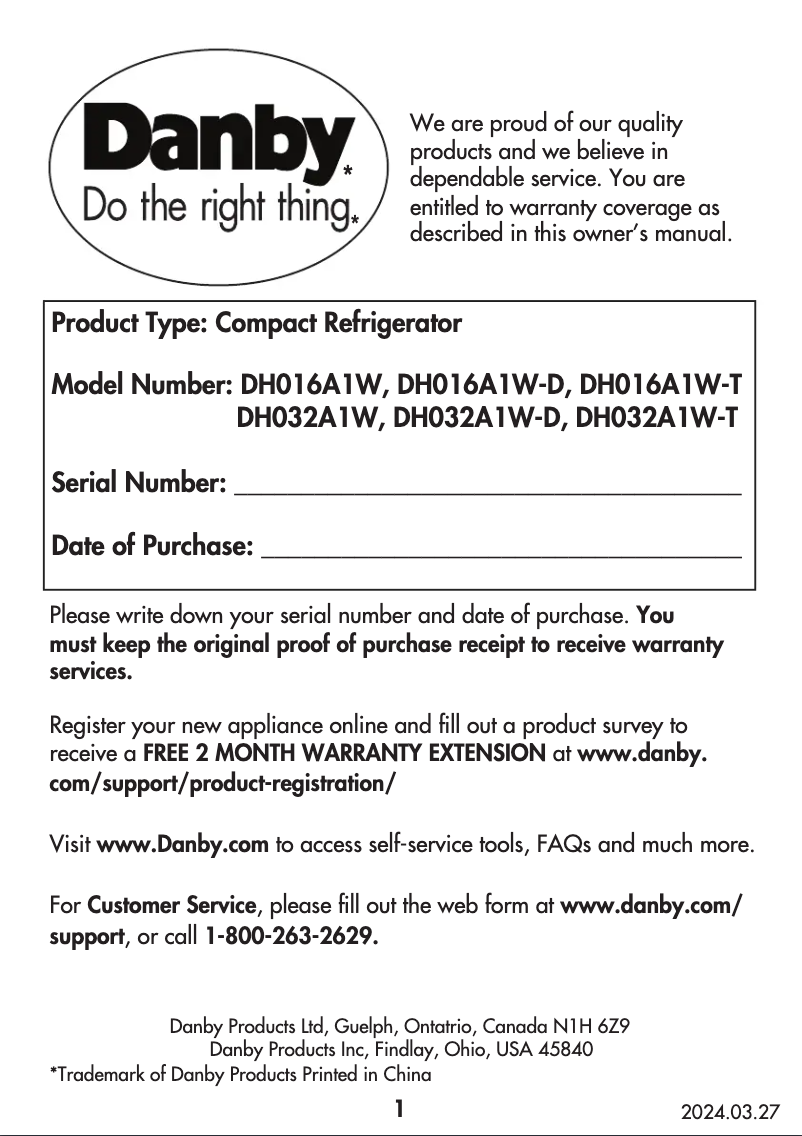 Page 1 of the manual User Manual Danby DH016A1W
