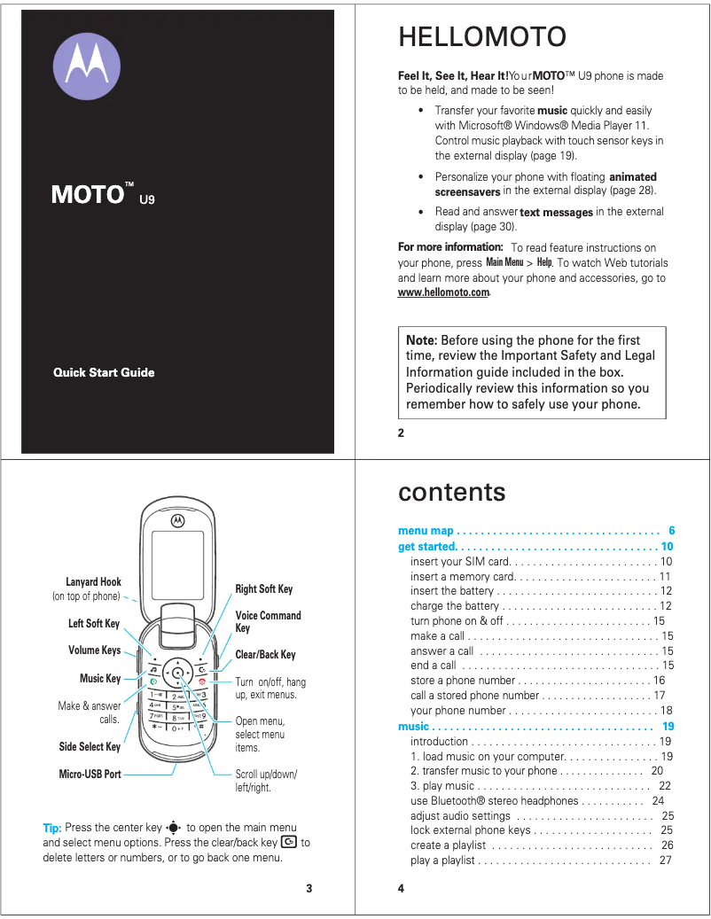 First page image of the manual for Moto U9