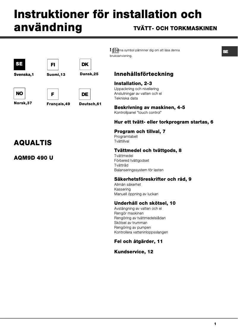 Page 1 of the manual User Manual Hotpoint AQM9D 490 U Aqualtis