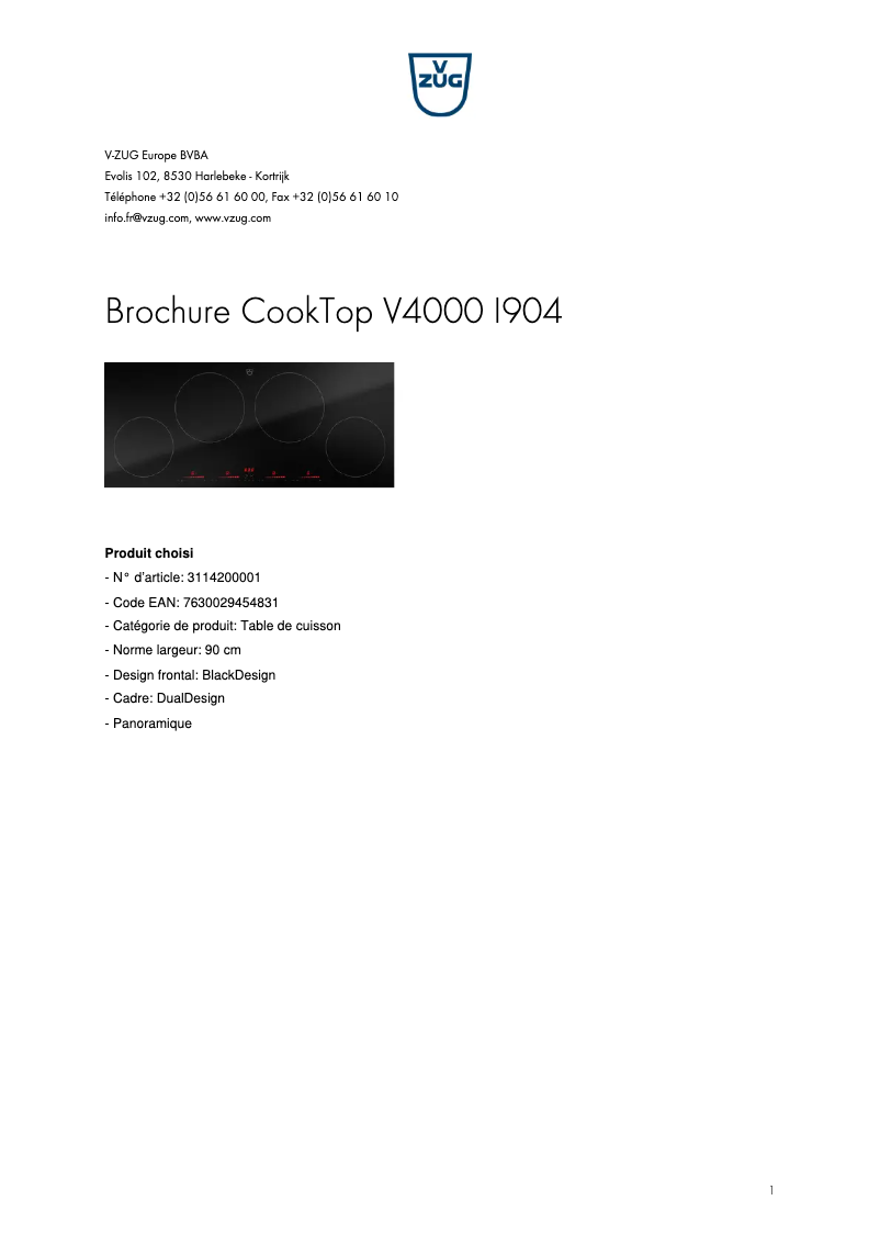 Page 1 of the manual Brochure V-Zug CookTop V4000 I904