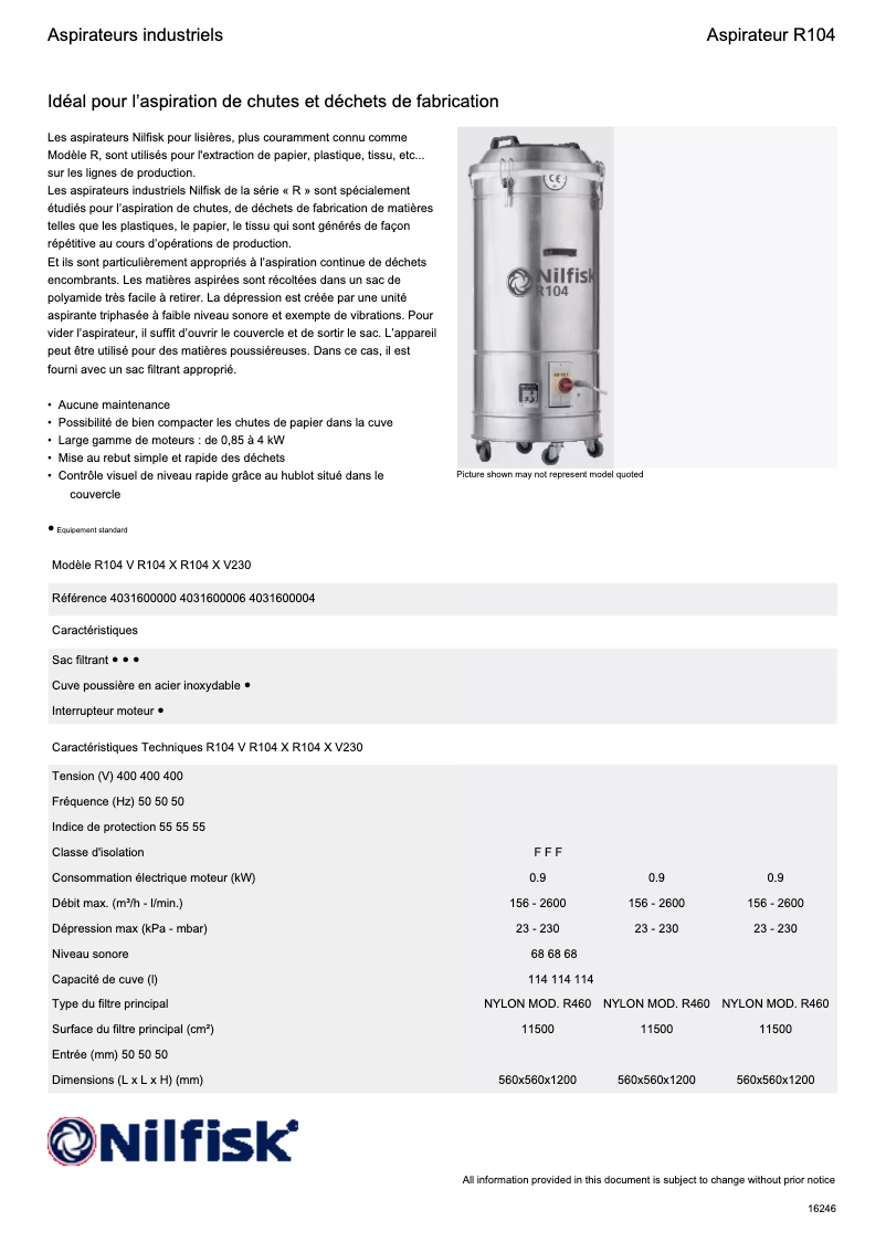 Page 1 of the manual Technical Sheet Nilfisk R104