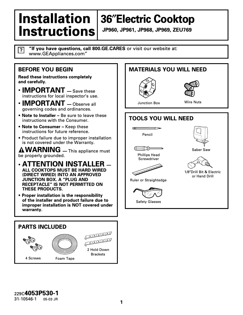 Page 1 of the manual Installation Guide GE ZEU769SCSS