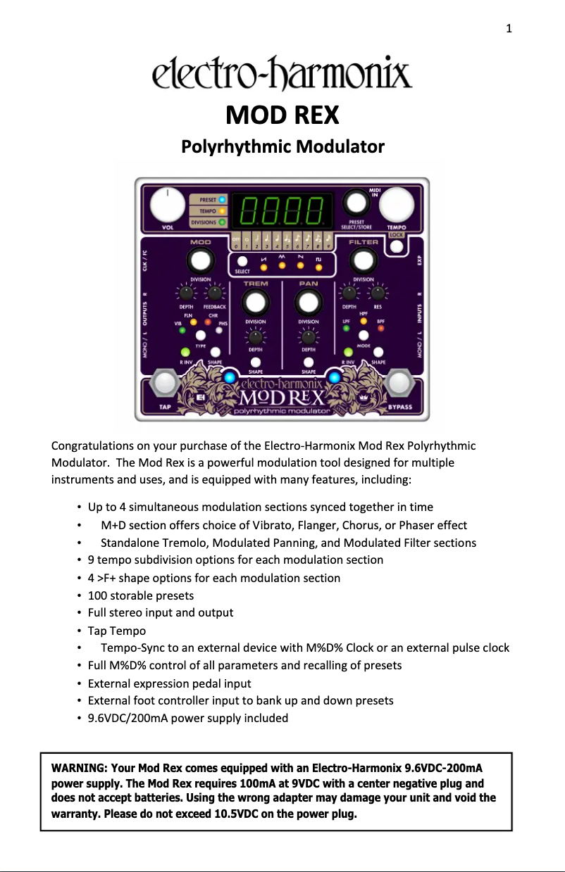 Image de la première page du manuel de l'appareil Mod Rex