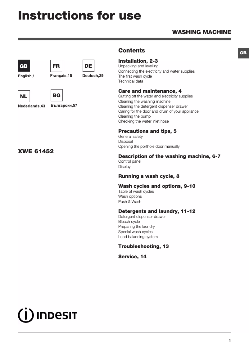 First page image of the manual for XWE61452