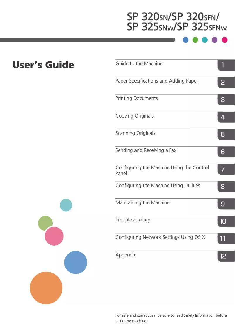 First page image of the manual for SP 325SNW