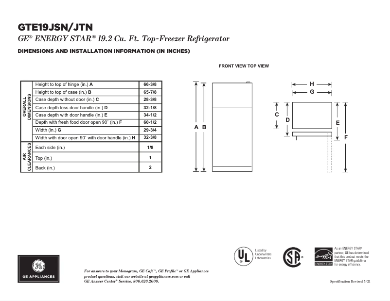 Page 1 of the manual Technical Sheet GE GTE19JTNRBB