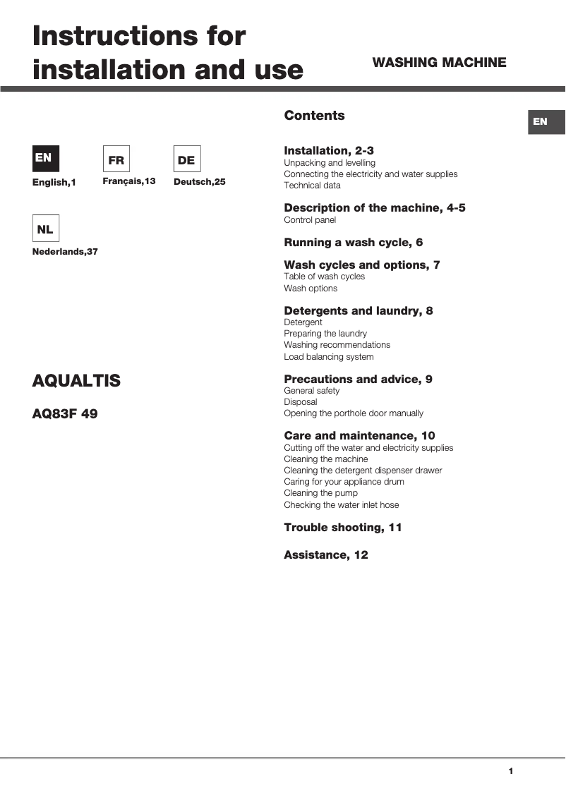 First page image of the manual for Aqualtis AQ83F 497