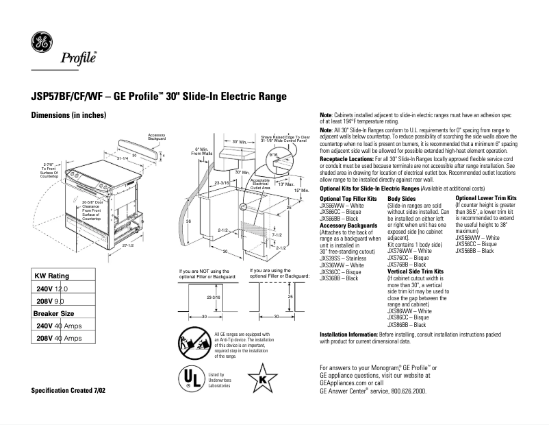 First page image of the manual for Profile JSP57CFCC