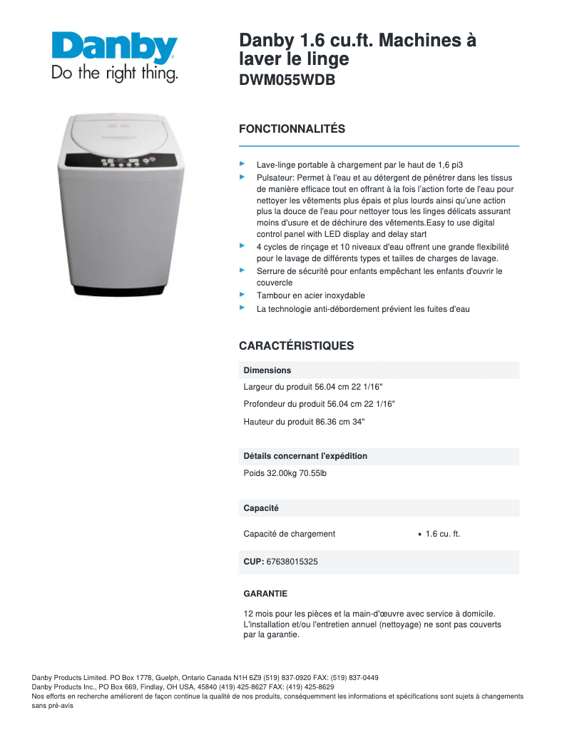 Page 1 of the manual Technical Sheet Danby DWM055WDB