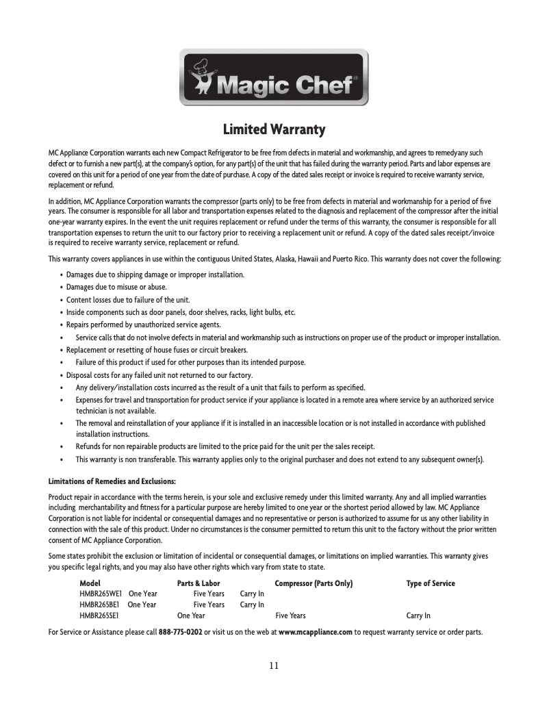 Page 1 de la notice Informations de garantie Magic Chef HMBR265BE1